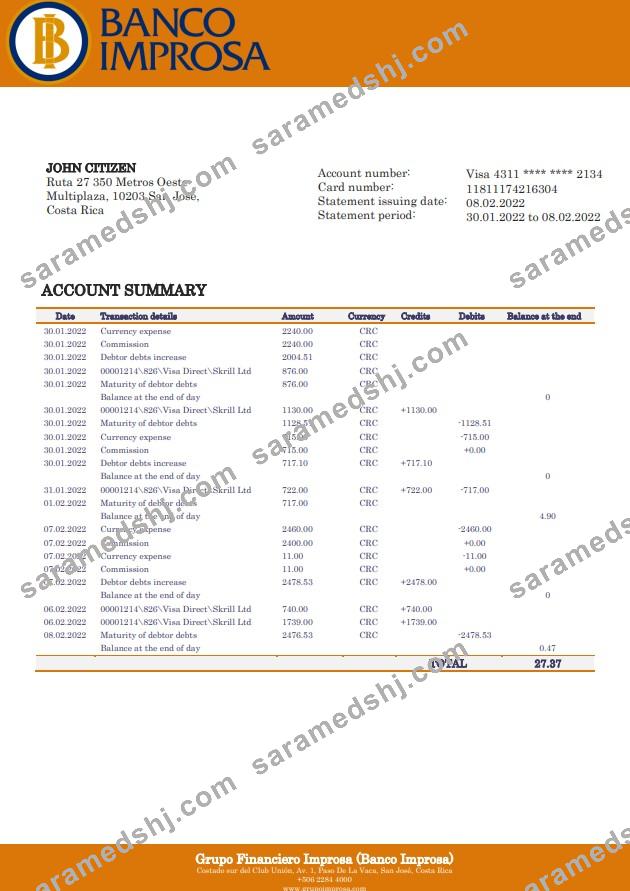 Costa Rica Banco Improsa bank statement